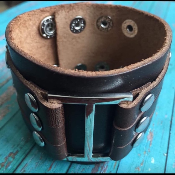 Brown composite leather cuff with metal accents - Picture 2 of 3